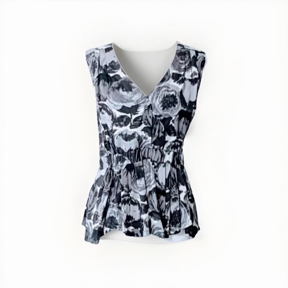BCBGMaxAzria 100% Silk Sleeveless Top, Medium, Floral-Black, White, Gray EUC